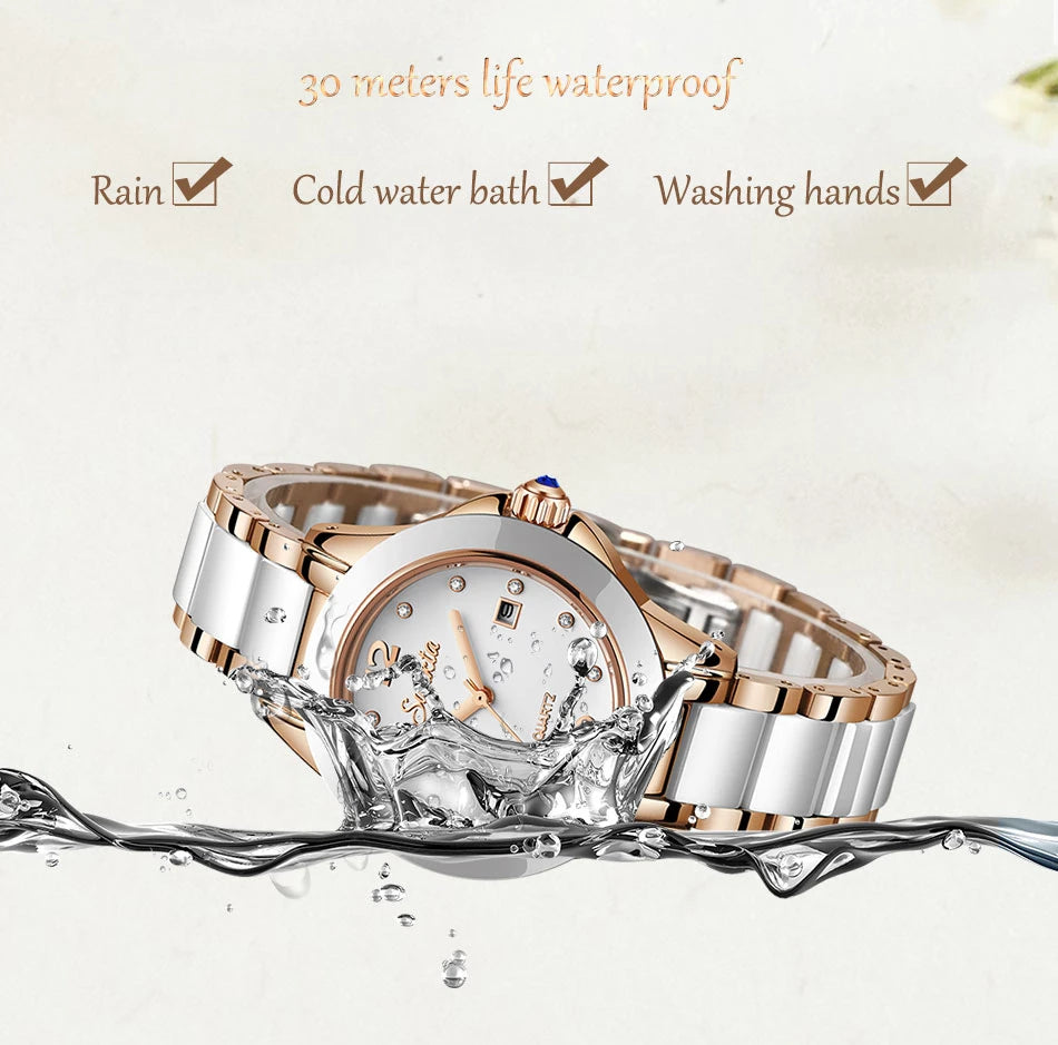 Fashion Women's Ceramic Wrist Watch, Dress Watches, Stainless Steel, Waterproof