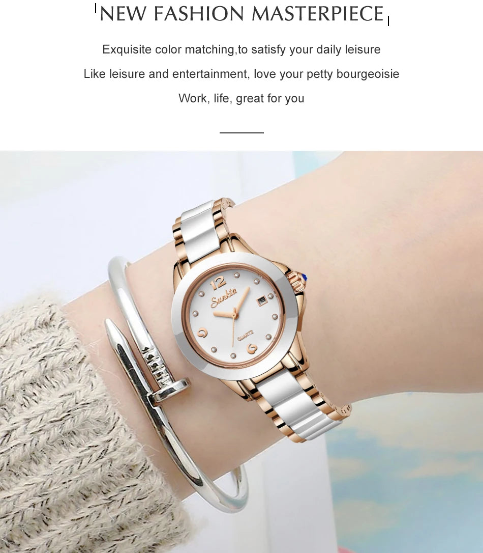 Fashion Women's Ceramic Wrist Watch, Dress Watches, Stainless Steel, Waterproof