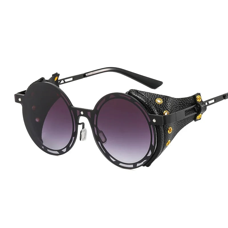 Zly 2022 New Fashion Round Sunglasses Men Women Punk Style Gradients Lens Alloy Pu Leather Frame Trend Brand Designer Sunglasses