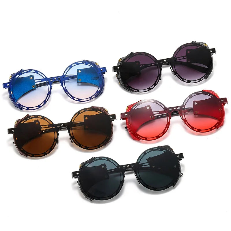 Zly 2022 New Fashion Round Sunglasses Men Women Punk Style Gradients Lens Alloy Pu Leather Frame Trend Brand Designer Sunglasses