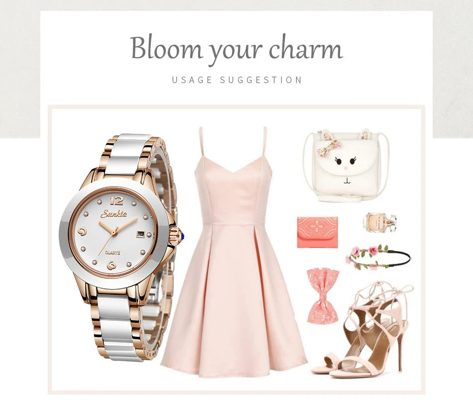 Fashion Women's Ceramic Wrist Watch, Dress Watches, Stainless Steel, Waterproof