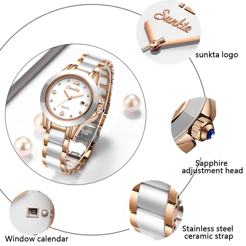 Fashion Women's Ceramic Wrist Watch, Dress Watches, Stainless Steel, Waterproof