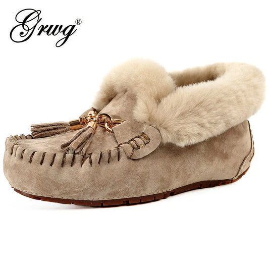 Genuine Leather Women Flats Casual Plus Size Driving Moccasins Natural Fur Wool Women Loafers Fashion Comfortable Shoes Woman