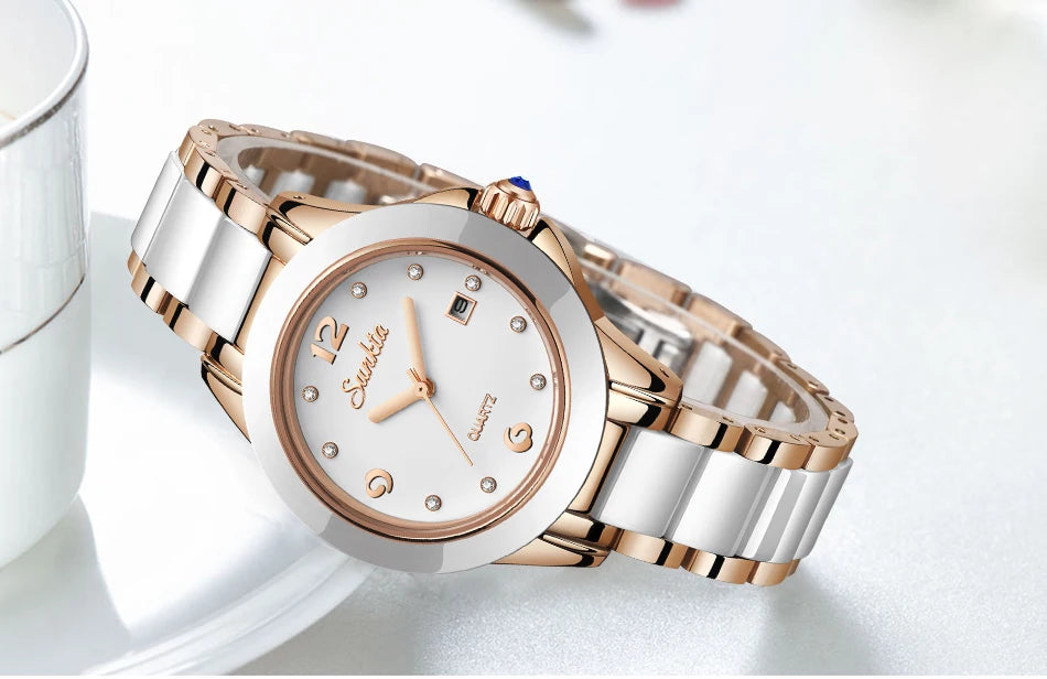 Fashion Women's Ceramic Wrist Watch, Dress Watches, Stainless Steel, Waterproof