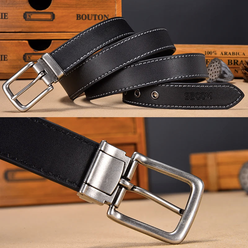 Fashion Black Belt For Men Cowskin Genuine Leather Belt 3.0 Cm Ancient Silver Buckle High Quality Male Black Strap For Jeans