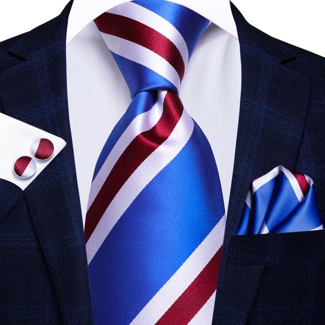 Luxury Mens Tie Blue Striped Business Silk Set Gift Men Fashion Hanky Cufflinks Set Ma2