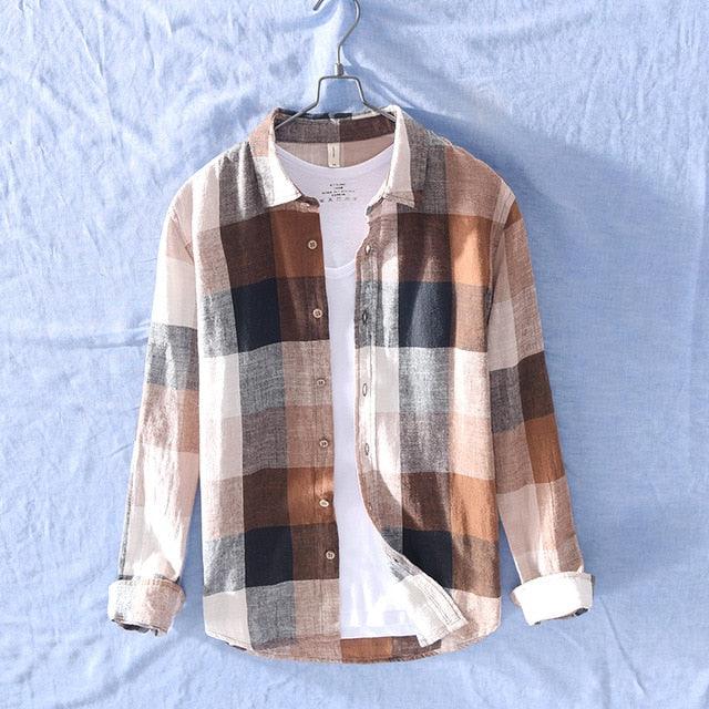 Men Cotton Linen Shirts - Plaid Long Sleeve Shirts - Casual Streetwear Plus Size Cotton Linen Solid Shirt (1U8)