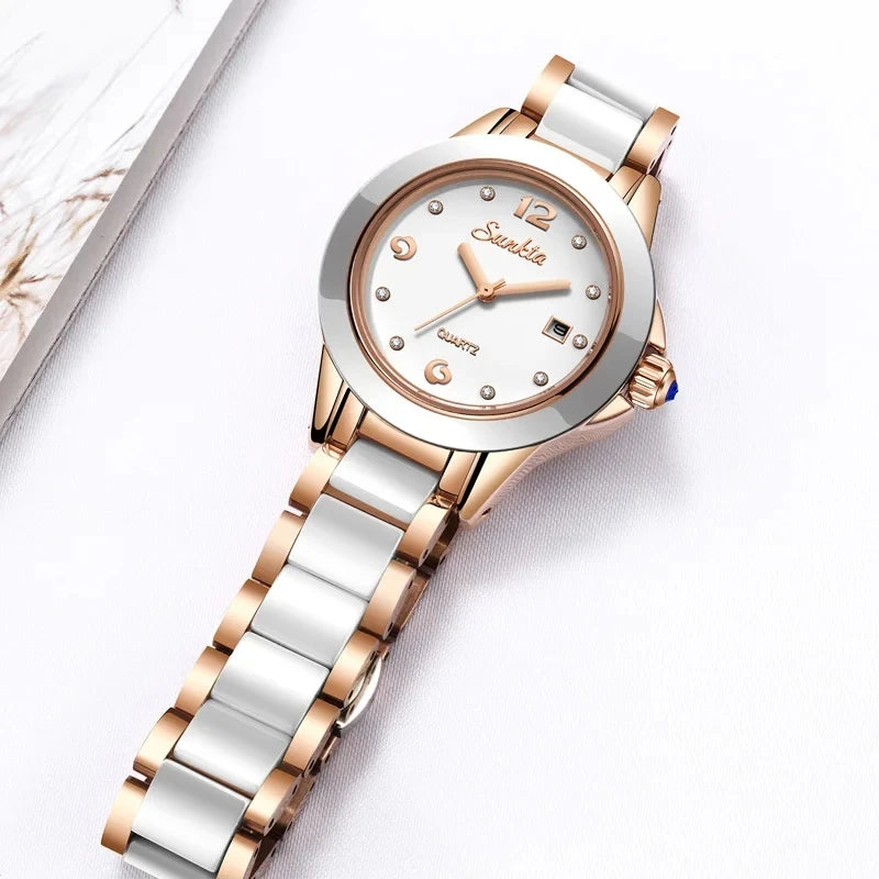 Fashion Women's Ceramic Wrist Watch, Dress Watches, Stainless Steel, Waterproof