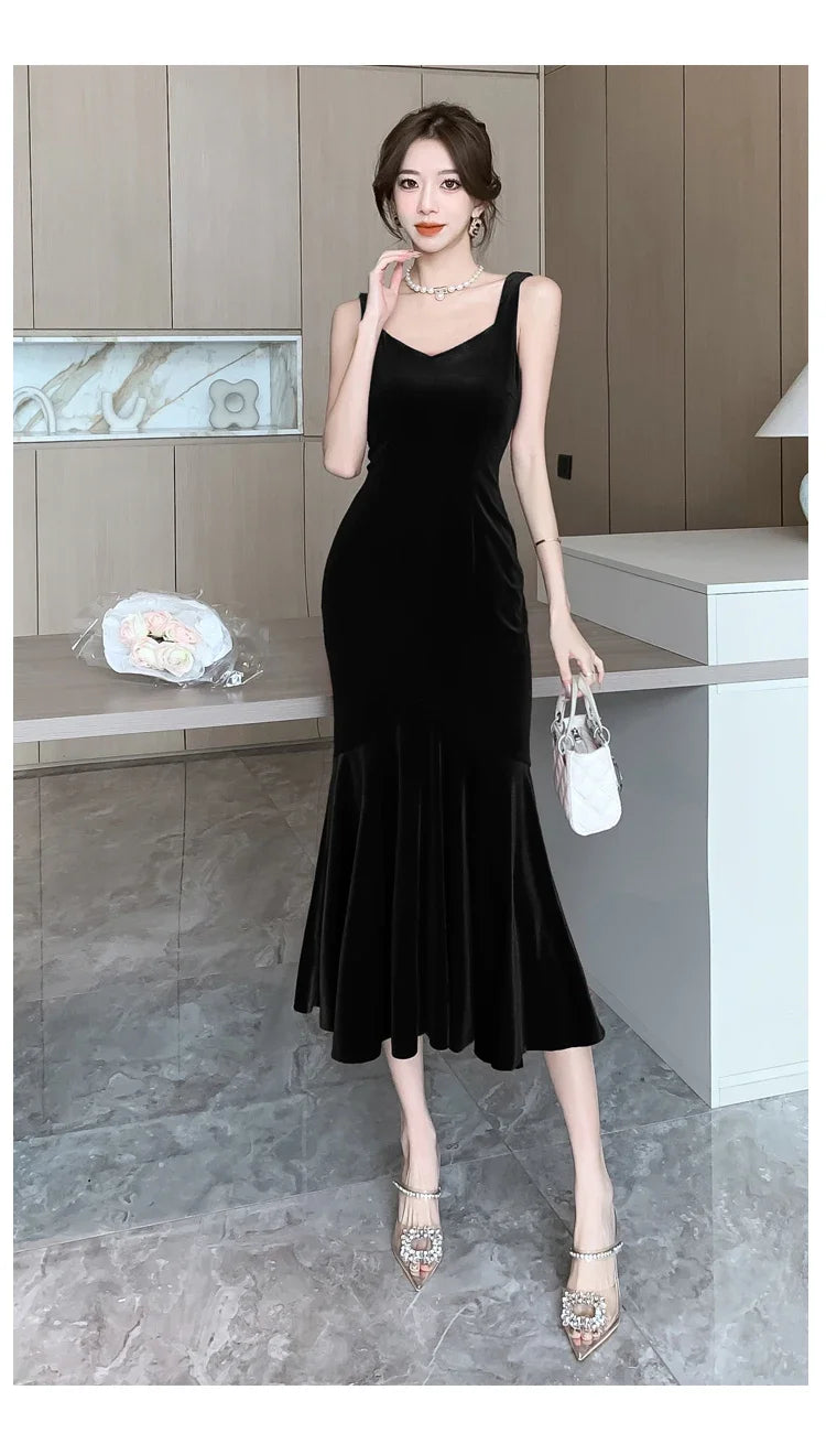 Backless Sleeveless Midi Dresses, Autumn Winter Elegant Wedding Party Mermaid Female Clothing