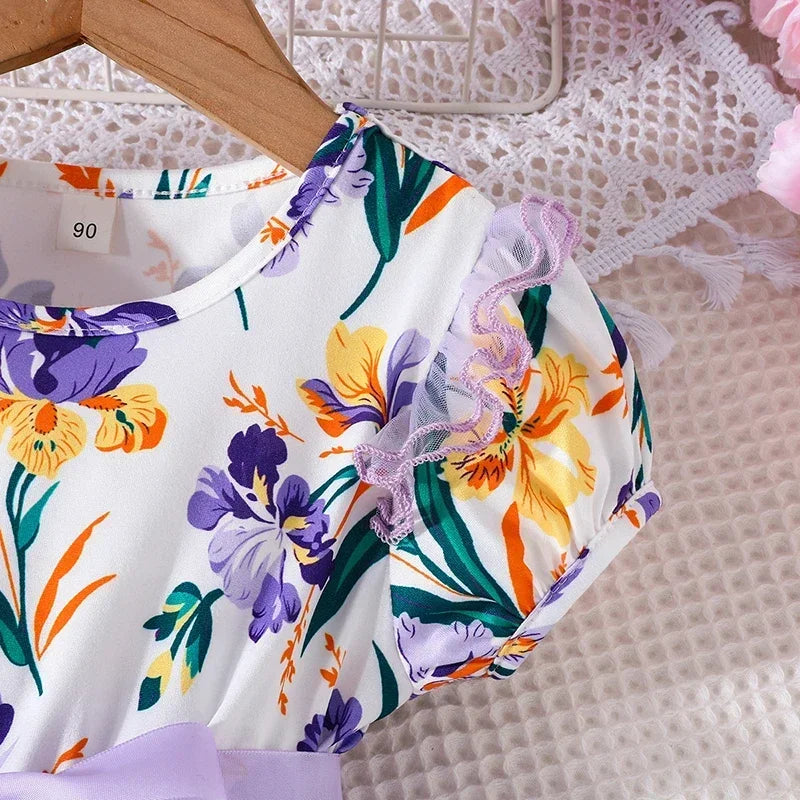 Dress For Kids 1-6 Years old Birthday Lace Puff Sleeve Cute Floral Purple Tulle Princess Formal Dresses Ootd For Baby Girl