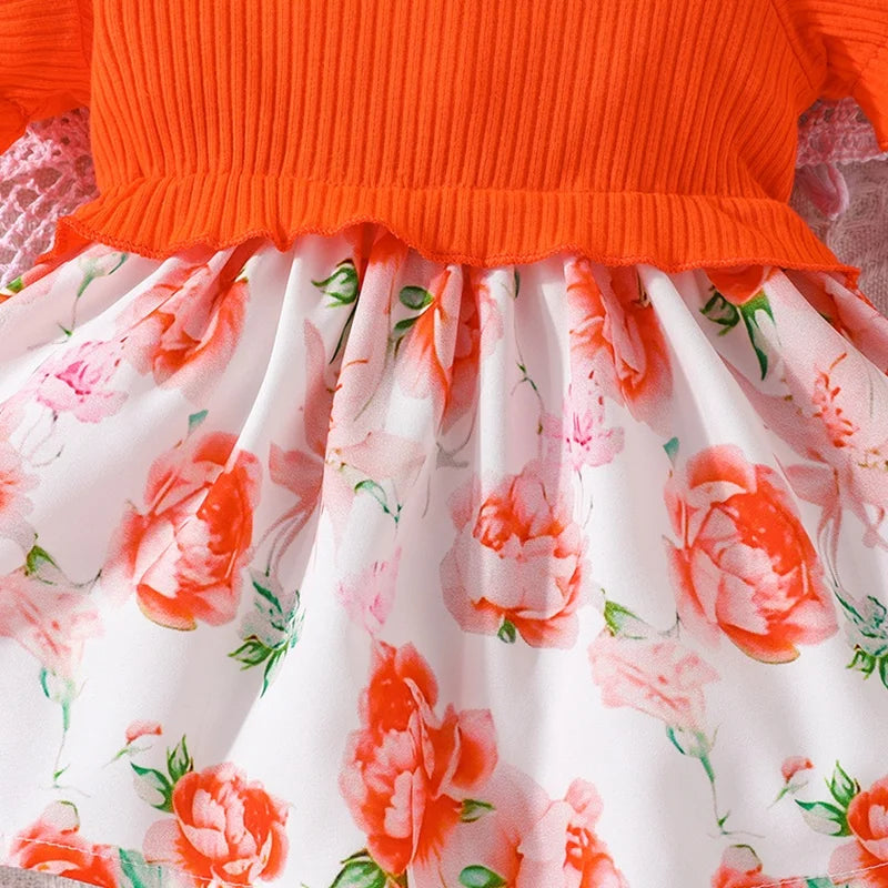 Dress For Kids 0-18 Months Birthday Style Short Sleeve Cute Orange Floral Princess Formal Dresses Ootd For Newborn Baby Girl