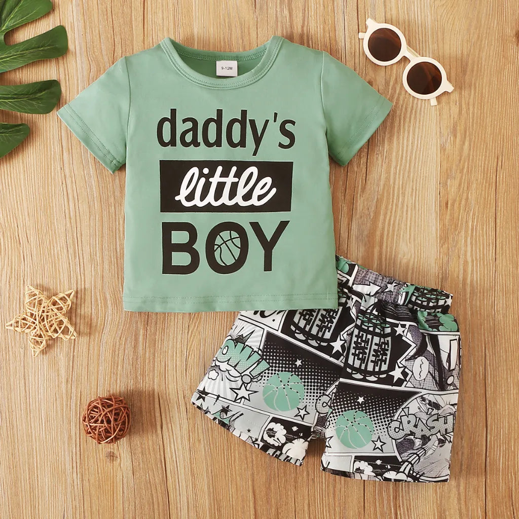 Infants Baby Outfits Clothes Summer Fashion Toddler Boys Clothing; 0-3Years Kids Baby Boy Clothes Green Top+Letter Shorts 2Pcs