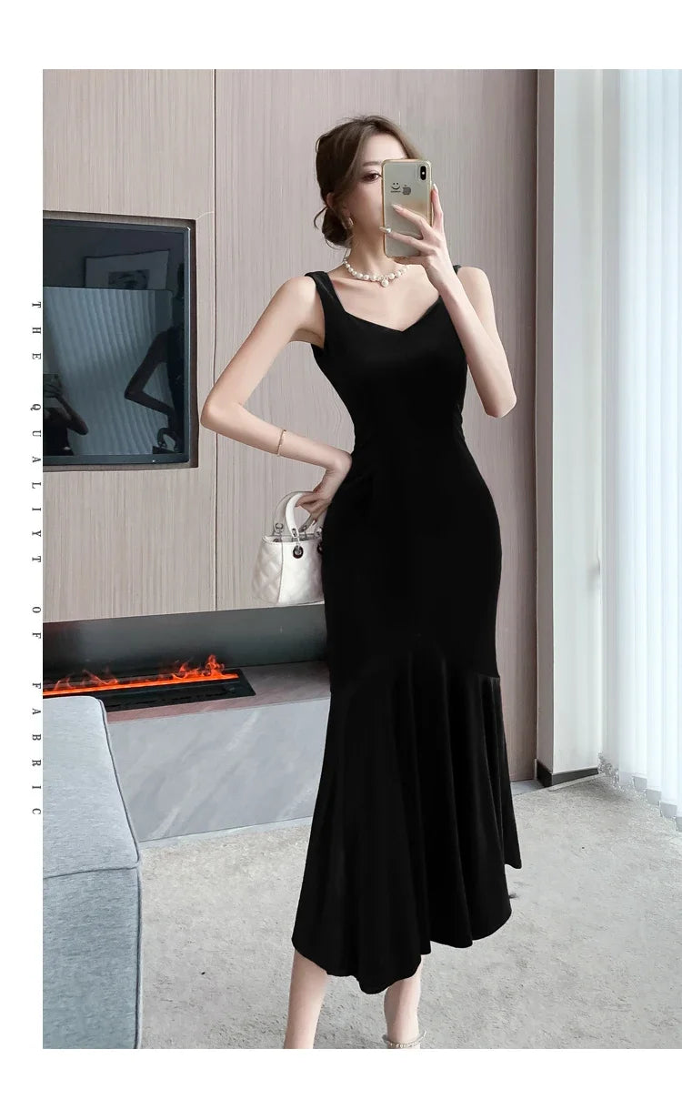 Backless Sleeveless Midi Dresses, Autumn Winter Elegant Wedding Party Mermaid Female Clothing