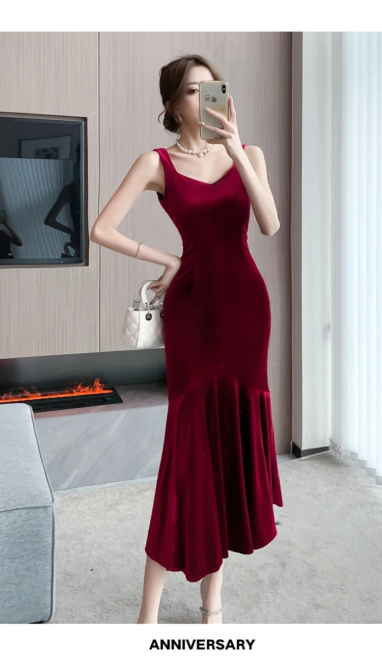 Backless Sleeveless Midi Dresses, Autumn Winter Elegant Wedding Party Mermaid Female Clothing