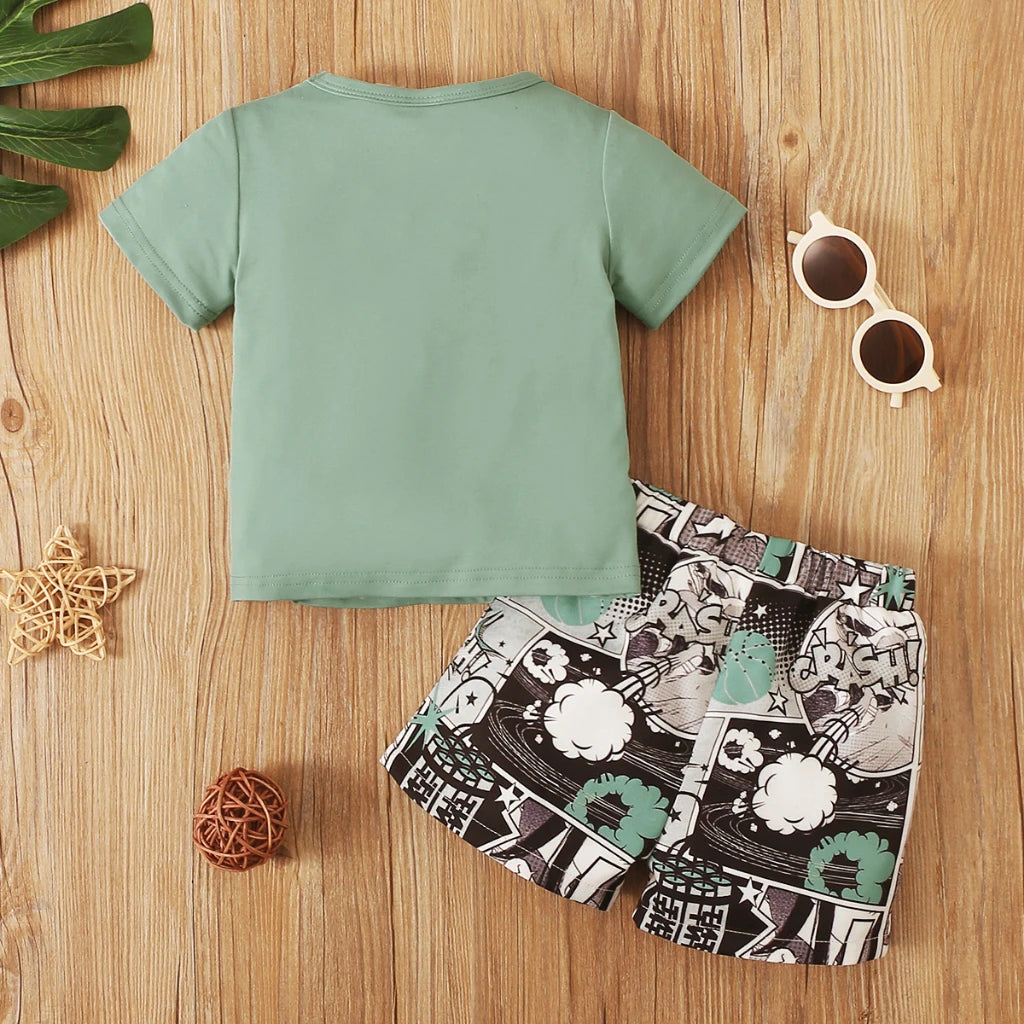 Infants Baby Outfits Clothes Summer Fashion Toddler Boys Clothing; 0-3Years Kids Baby Boy Clothes Green Top+Letter Shorts 2Pcs