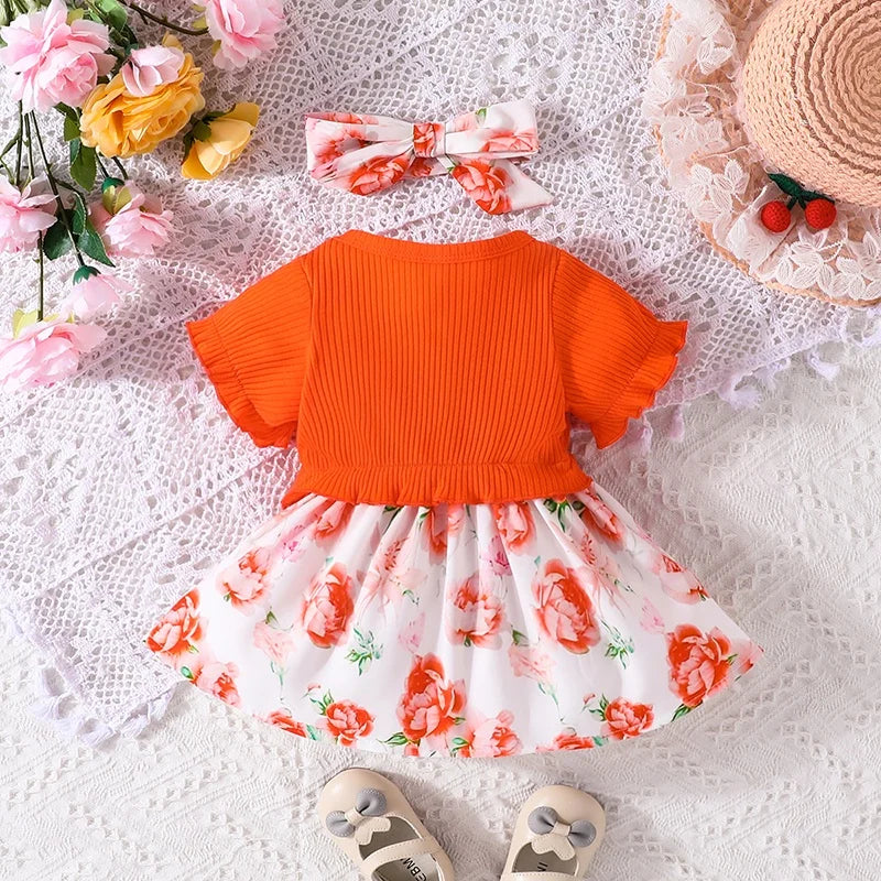Dress For Kids 0-18 Months Birthday Style Short Sleeve Cute Orange Floral Princess Formal Dresses Ootd For Newborn Baby Girl