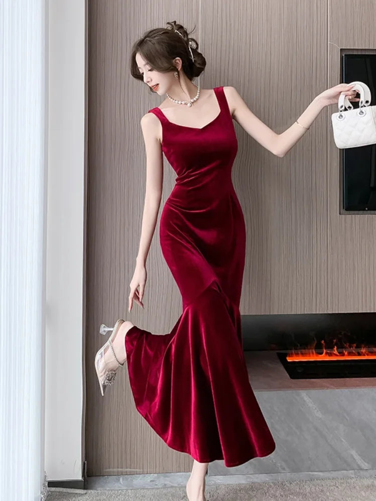 Backless Sleeveless Midi Dresses, Autumn Winter Elegant Wedding Party Mermaid Female Clothing