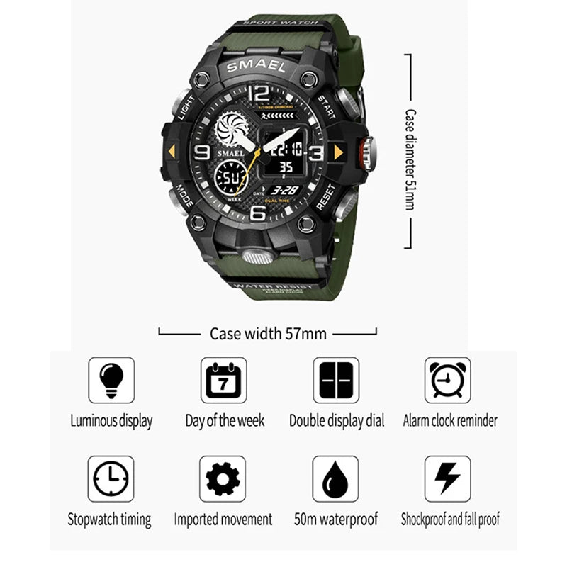 Smael Quartz Watch Sport 50M Waterproof Stopwatch Week Display Led Digital Alarm Clock Male 8055 Men Watches Sports Wristwatches