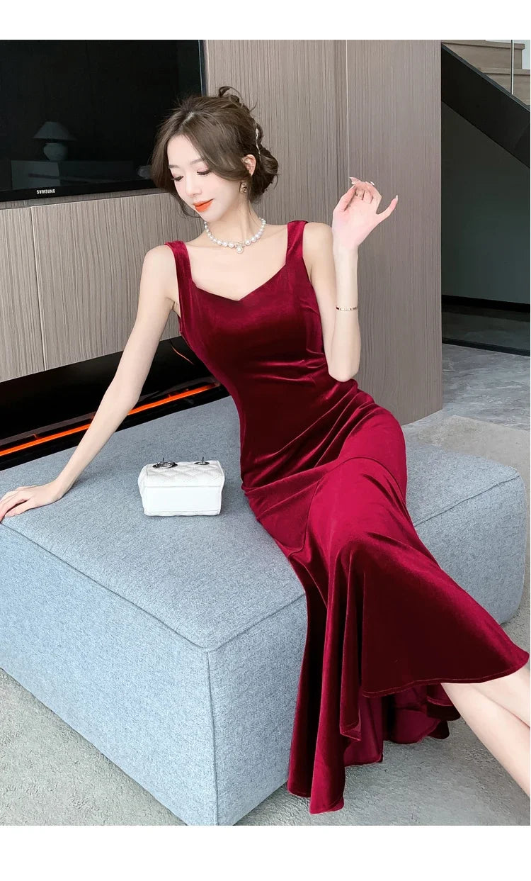 Backless Sleeveless Midi Dresses, Autumn Winter Elegant Wedding Party Mermaid Female Clothing