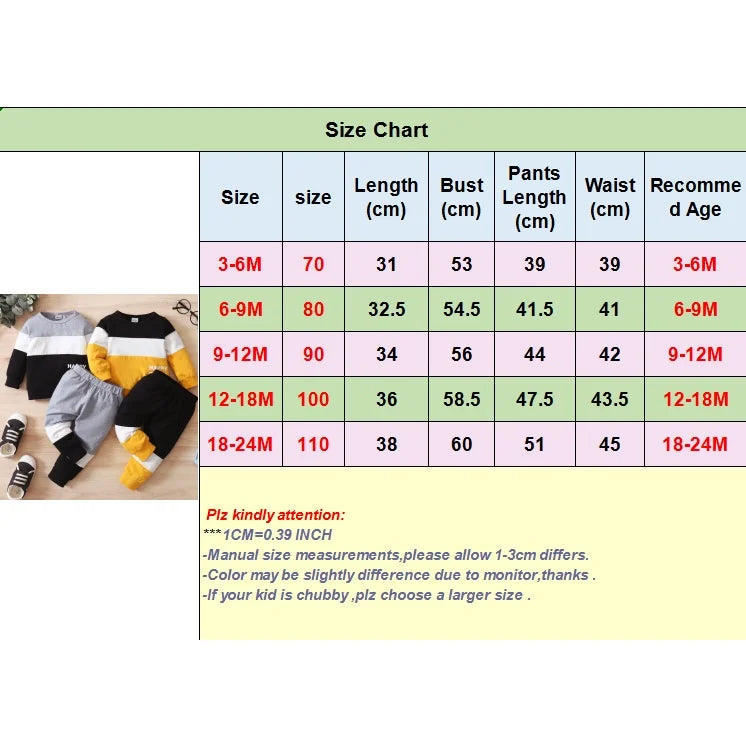 Long Sleeve Color Block Top+Pant Fashion Spring & Autumn Outfit Sportswear Set for 3-24 Months; 2PCS Toddler Baby Boy Clothes Set