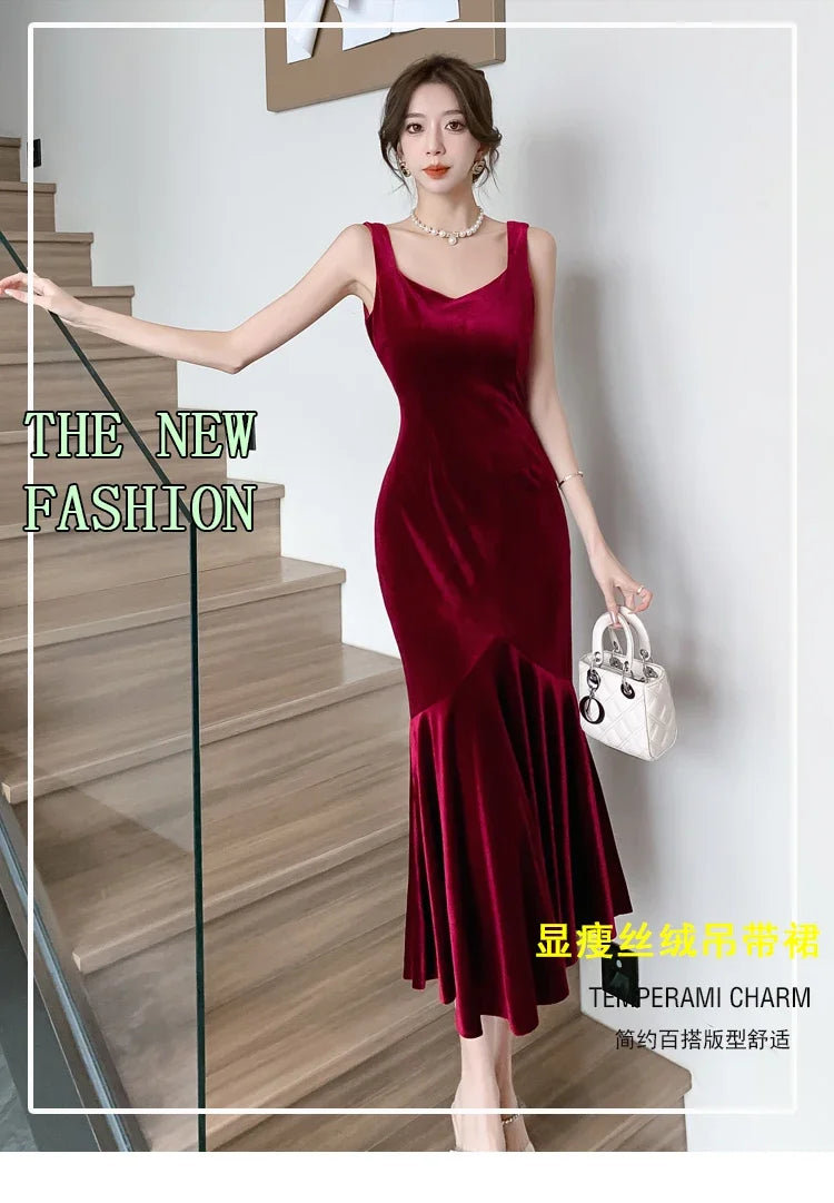 Backless Sleeveless Midi Dresses, Autumn Winter Elegant Wedding Party Mermaid Female Clothing