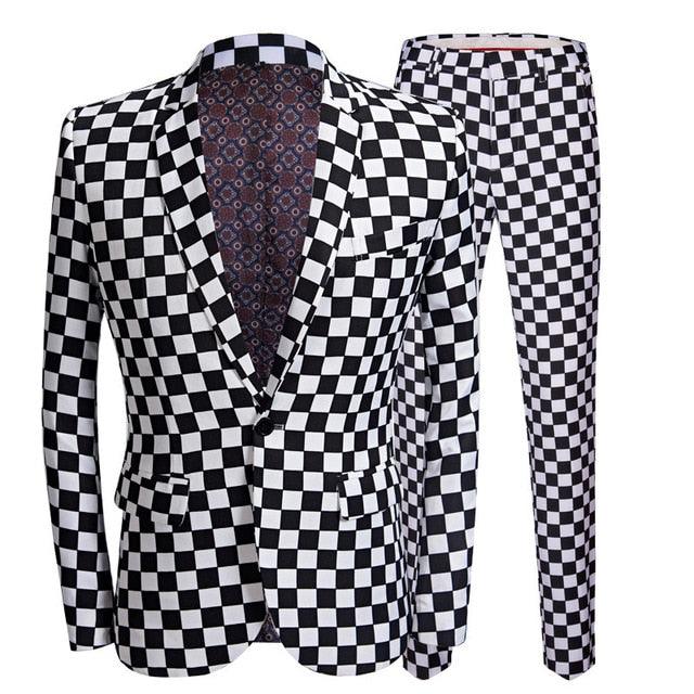 Fashion Suit Men Black White Plaid Print 2 Pieces Set Latest Coat Pant Designs Slim Fit Suit T1M