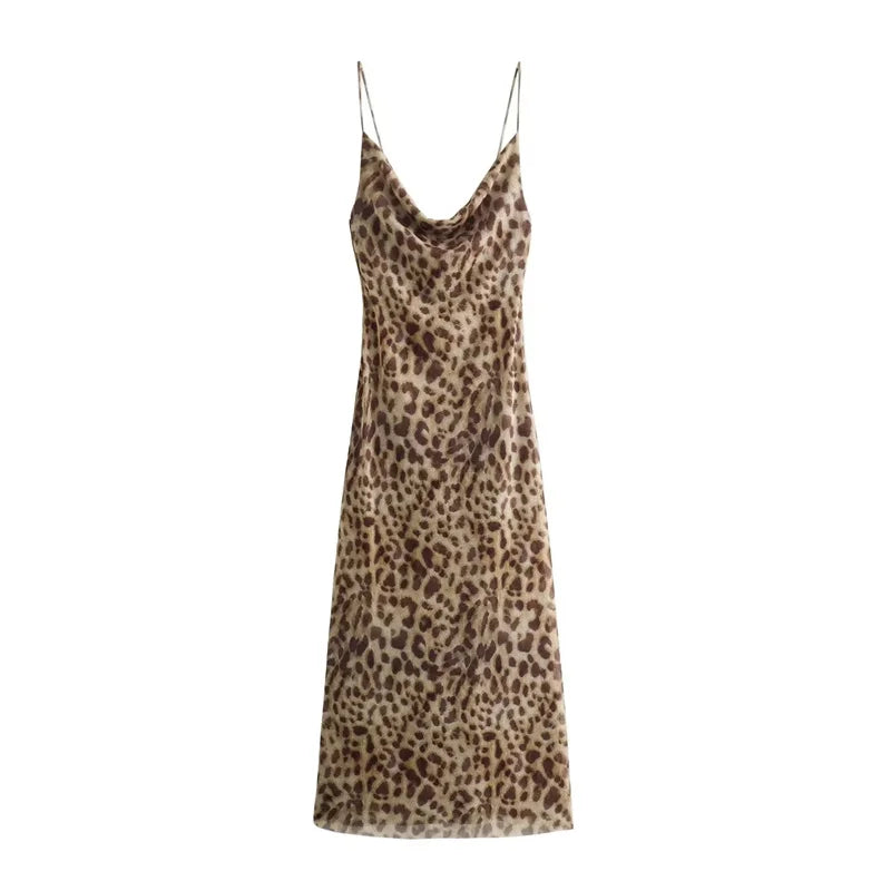 TRAF Leopard Print Long Dress Women Tulle Backless Slip Dress Woman Summer Sexy Holiday Dresses 2024 Vintage Midi Party Dresses