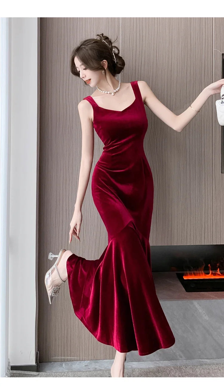 Backless Sleeveless Midi Dresses, Autumn Winter Elegant Wedding Party Mermaid Female Clothing