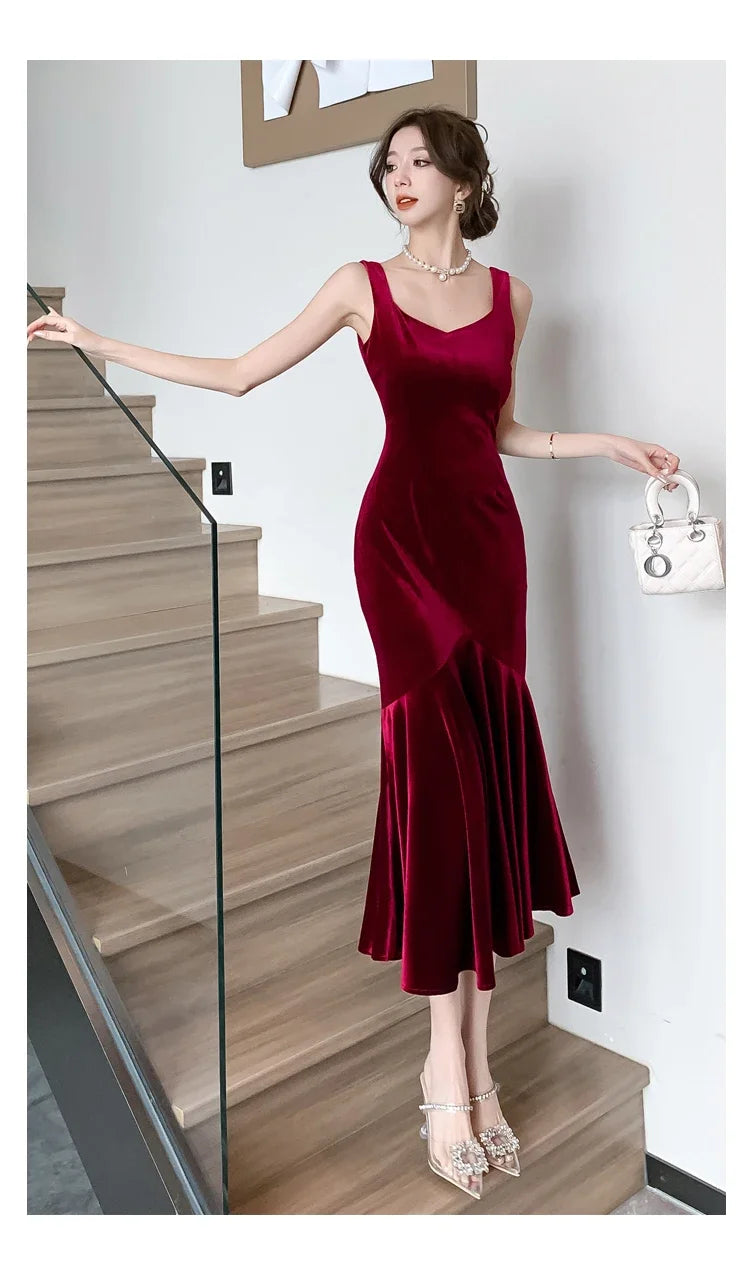 Backless Sleeveless Midi Dresses, Autumn Winter Elegant Wedding Party Mermaid Female Clothing