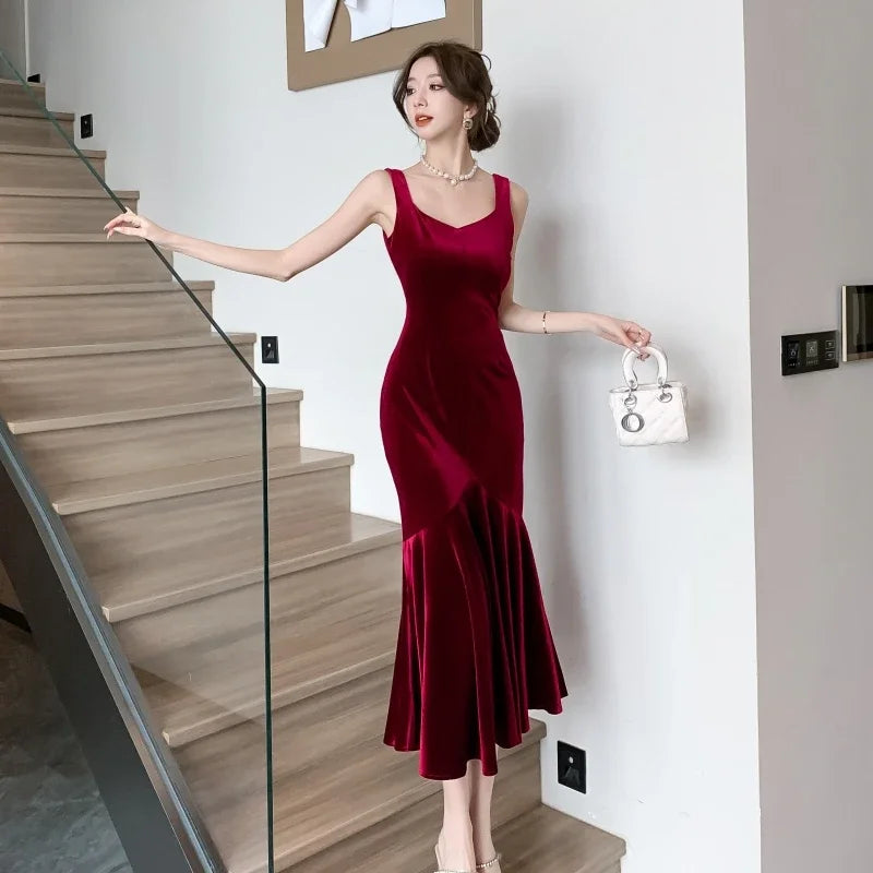 Backless Sleeveless Midi Dresses, Autumn Winter Elegant Wedding Party Mermaid Female Clothing