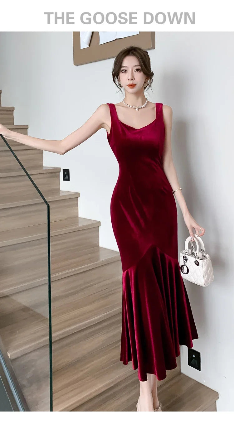 Backless Sleeveless Midi Dresses, Autumn Winter Elegant Wedding Party Mermaid Female Clothing