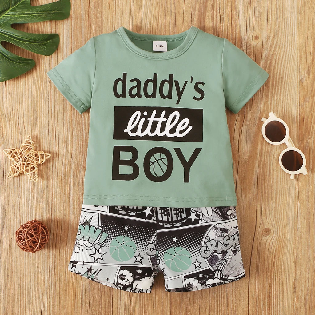 Infants Baby Outfits Clothes Summer Fashion Toddler Boys Clothing; 0-3Years Kids Baby Boy Clothes Green Top+Letter Shorts 2Pcs