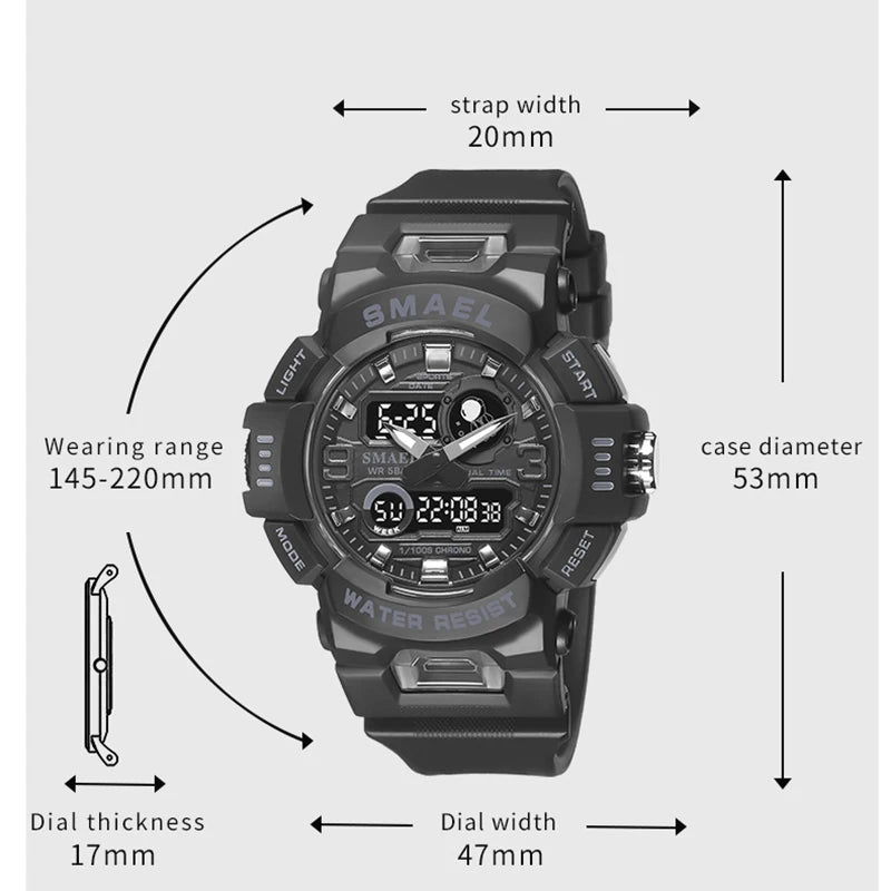 SMAEL Sport Watches Digital Watch LED 50m Waterproof Military Wristwatch Male Clocks 8063 Mens Watches Stopwatches Alarm Clock