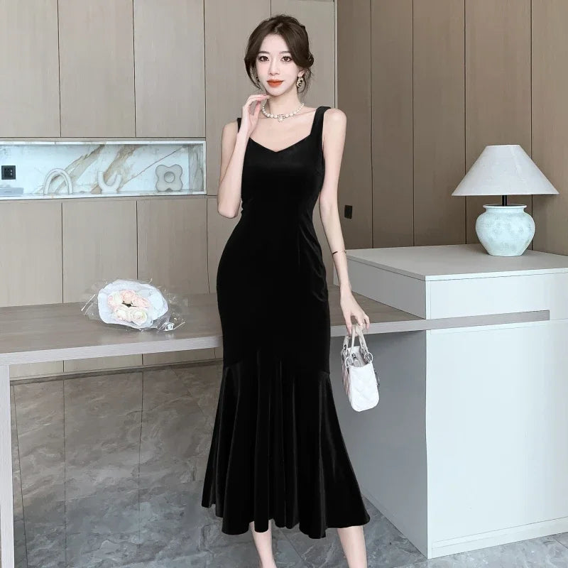 Backless Sleeveless Midi Dresses, Autumn Winter Elegant Wedding Party Mermaid Female Clothing