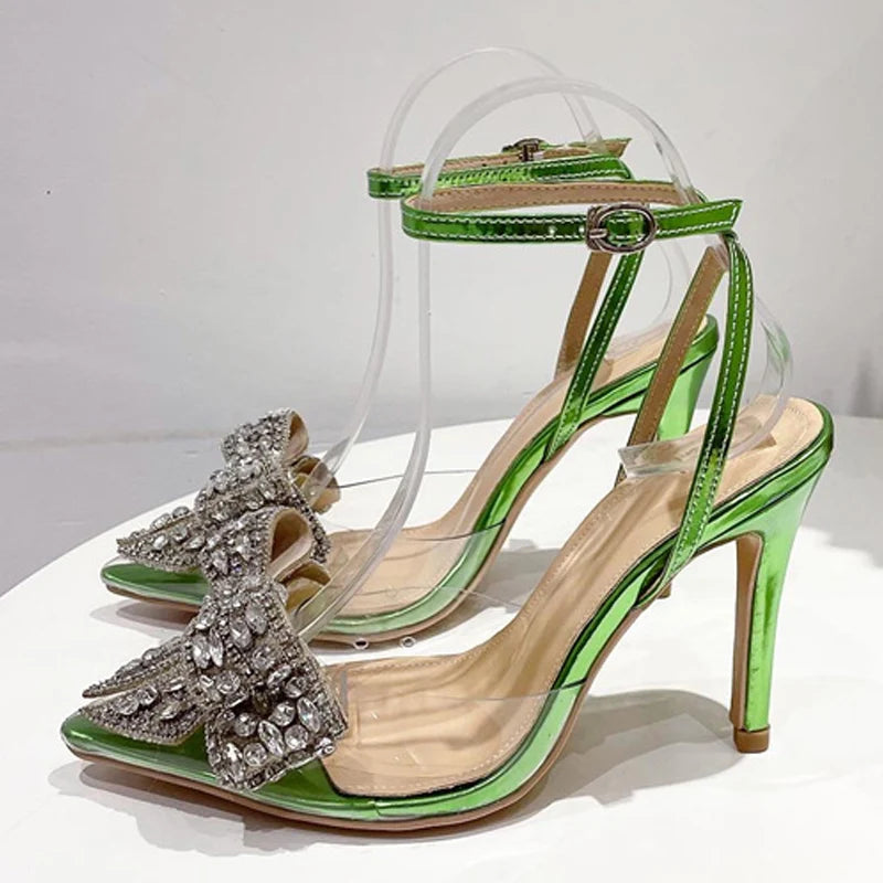 Liyke Summer Party Wedding Stripper High Heels Sexy Crystal Bowknot Pointed Toe Women Pumps PVC Transparent Sandals Shoes Green