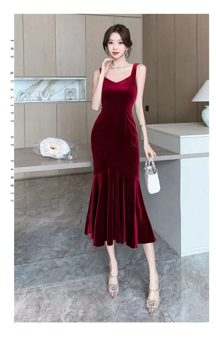 Backless Sleeveless Midi Dresses, Autumn Winter Elegant Wedding Party Mermaid Female Clothing