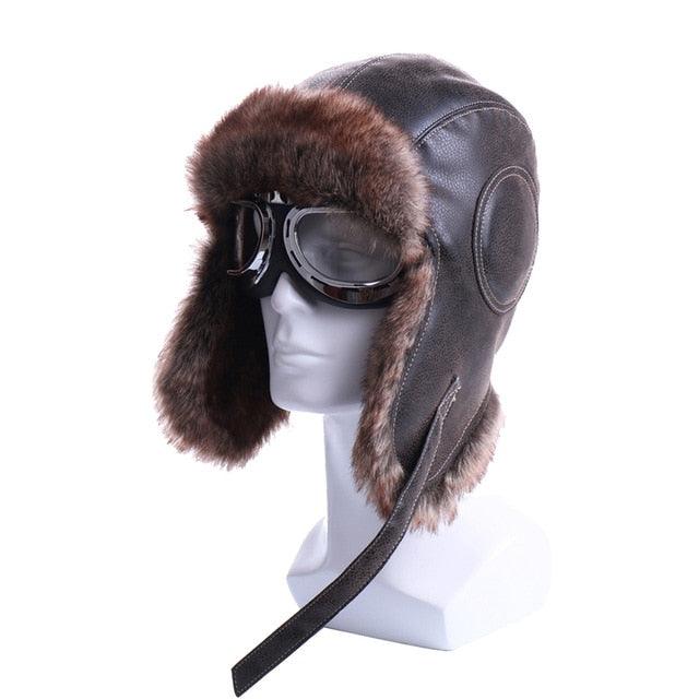 Winter Bomber Hats - Plush Earflap Russian With Goggles Trapper - Aviator Pilot Hat Faux Leather Fur Snow Caps (MA8)(F103)