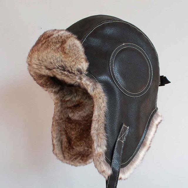 Winter Hat - Pilot Aviator Bomber Trapper Hat - Faux Fur Leather Snow Cap With Ear Flaps (MA8)(F103)
