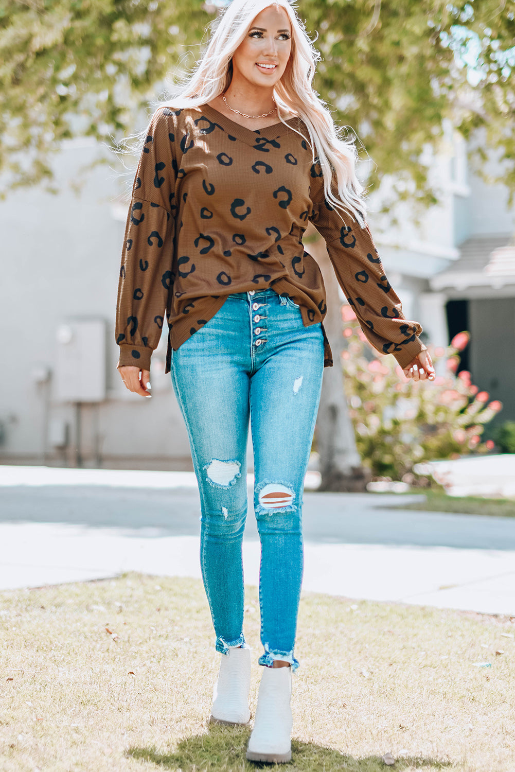 Leopard V-Neck Side Slit High-Low Top