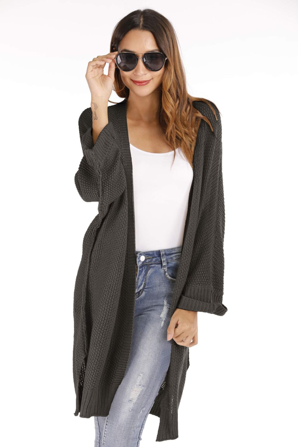 Open Front Slit Exposed Seam Cardigan