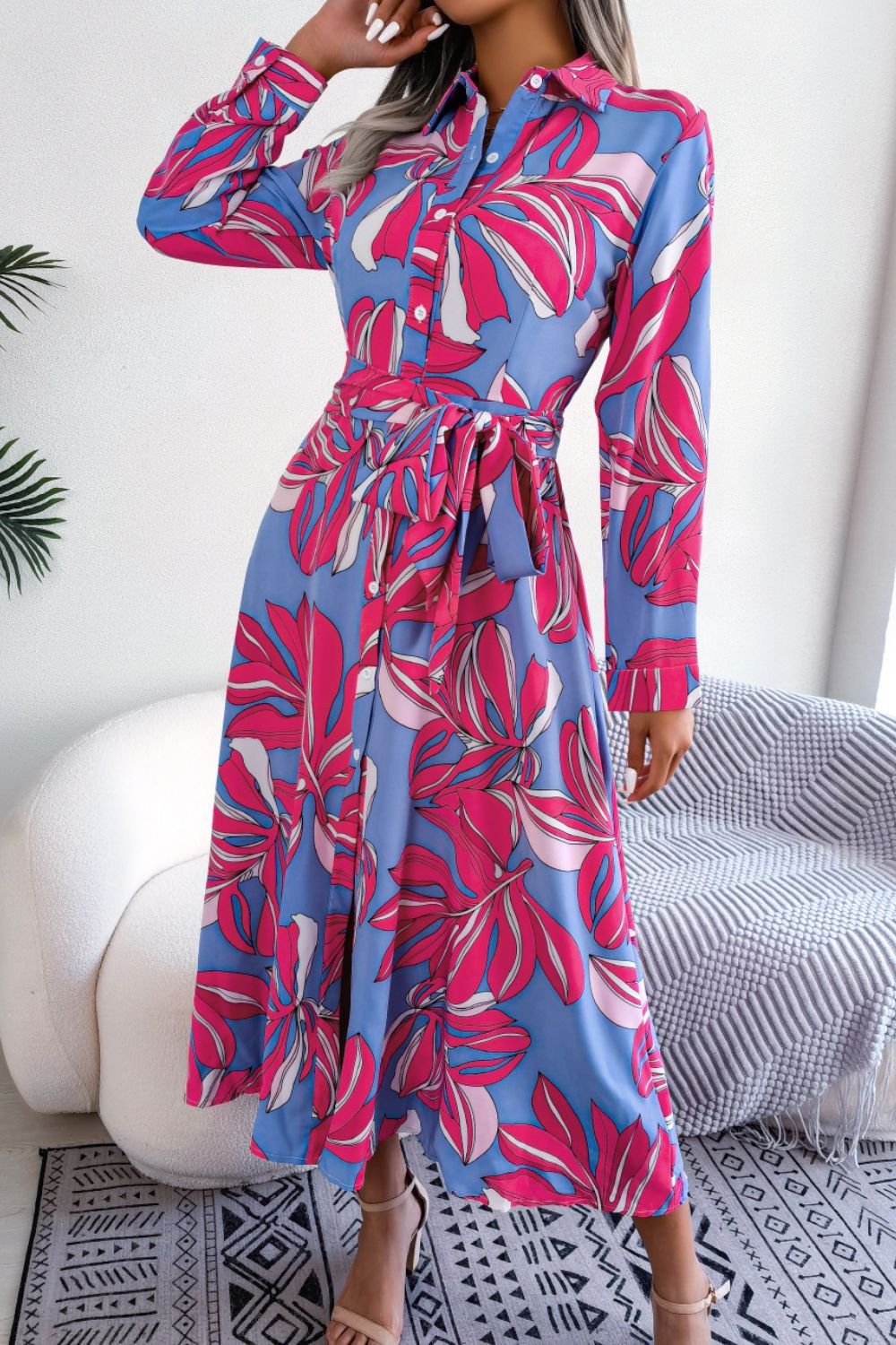 Botanical Print Long Sleeve Shirt Dress