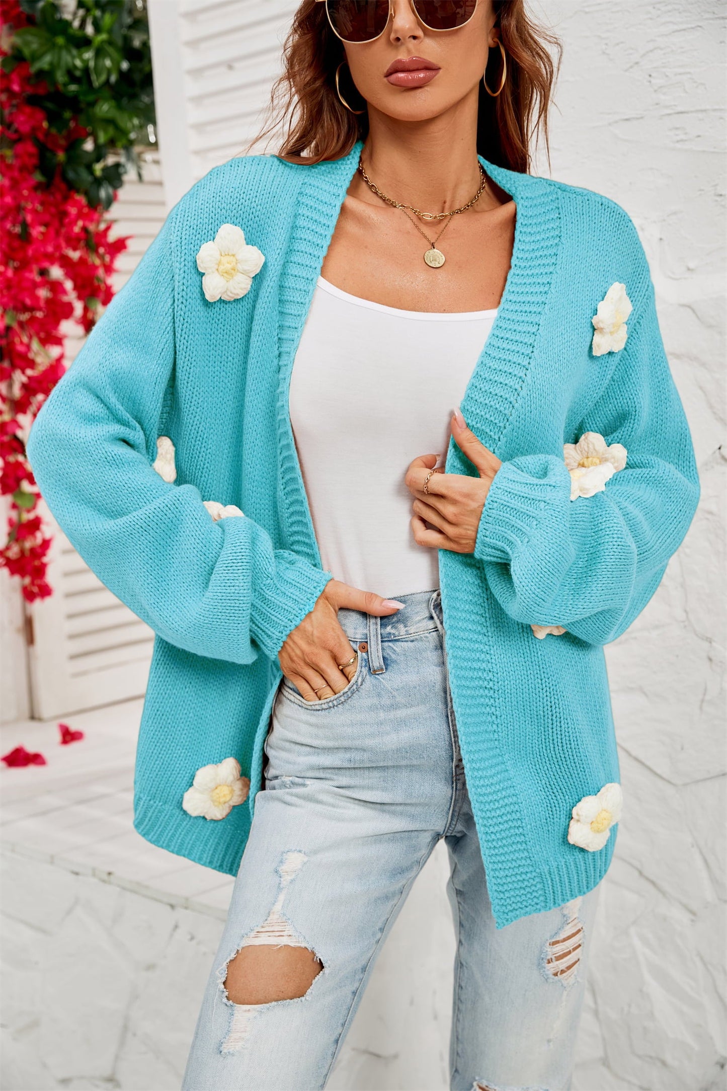 Flower Detail Open Front Cardigan