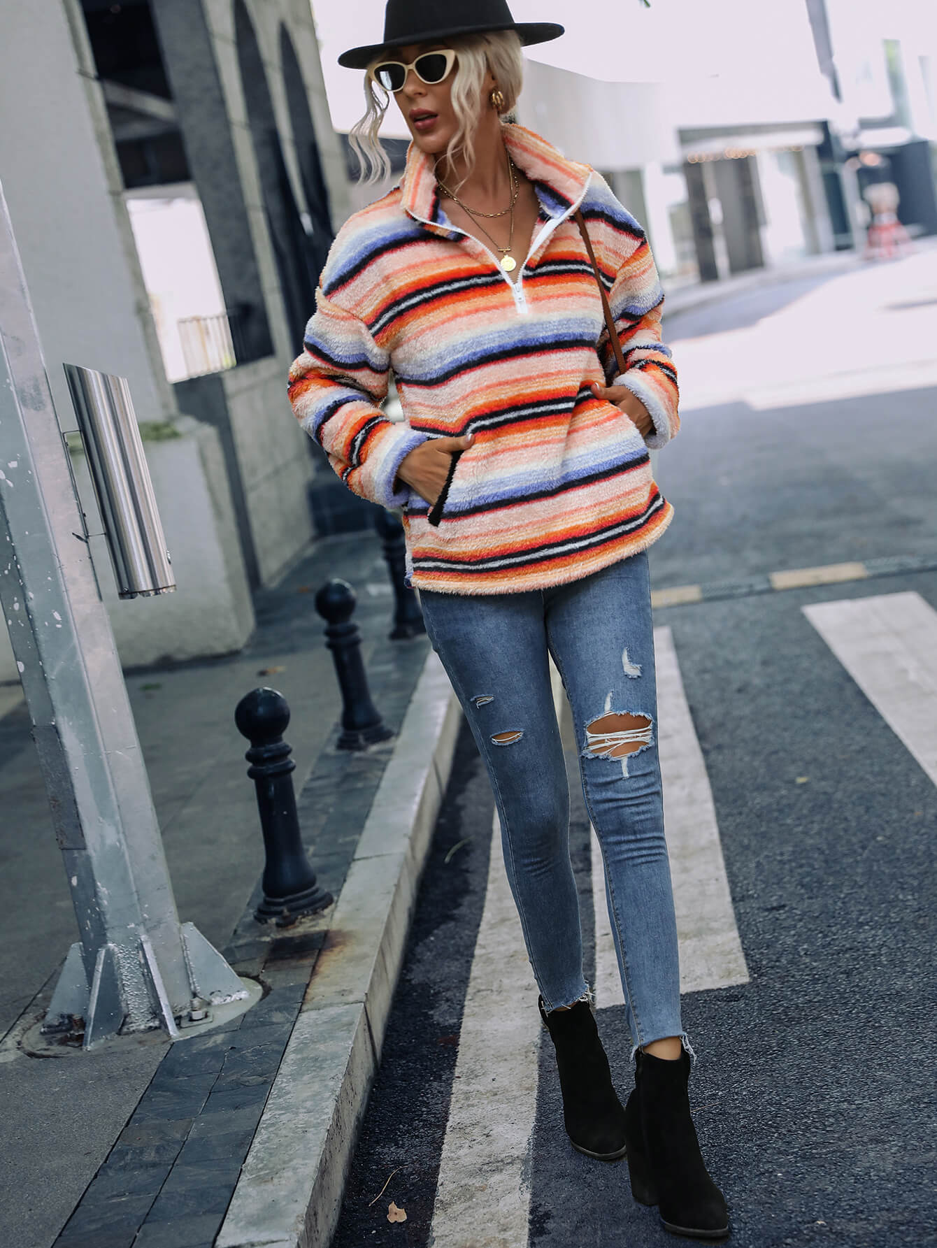 Multicolored Stripe Quarter Zip Fleece Sweatshirt