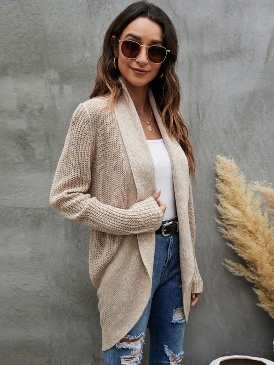Shawl Collar Rib-Knit Open Front Cardigan