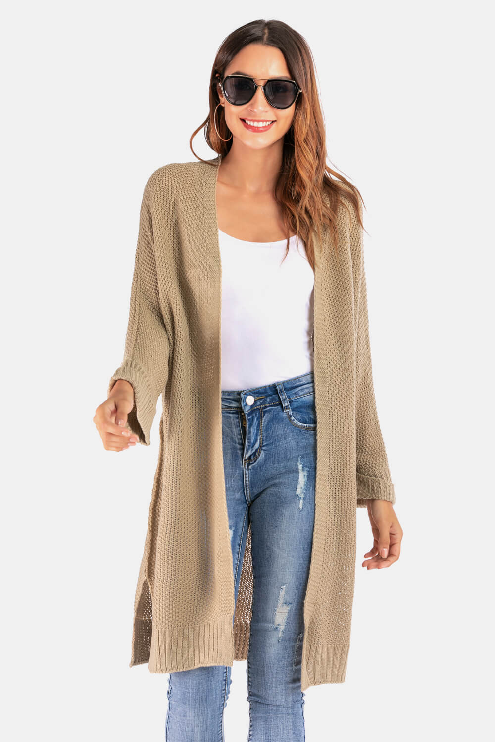 Open Front Slit Exposed Seam Cardigan