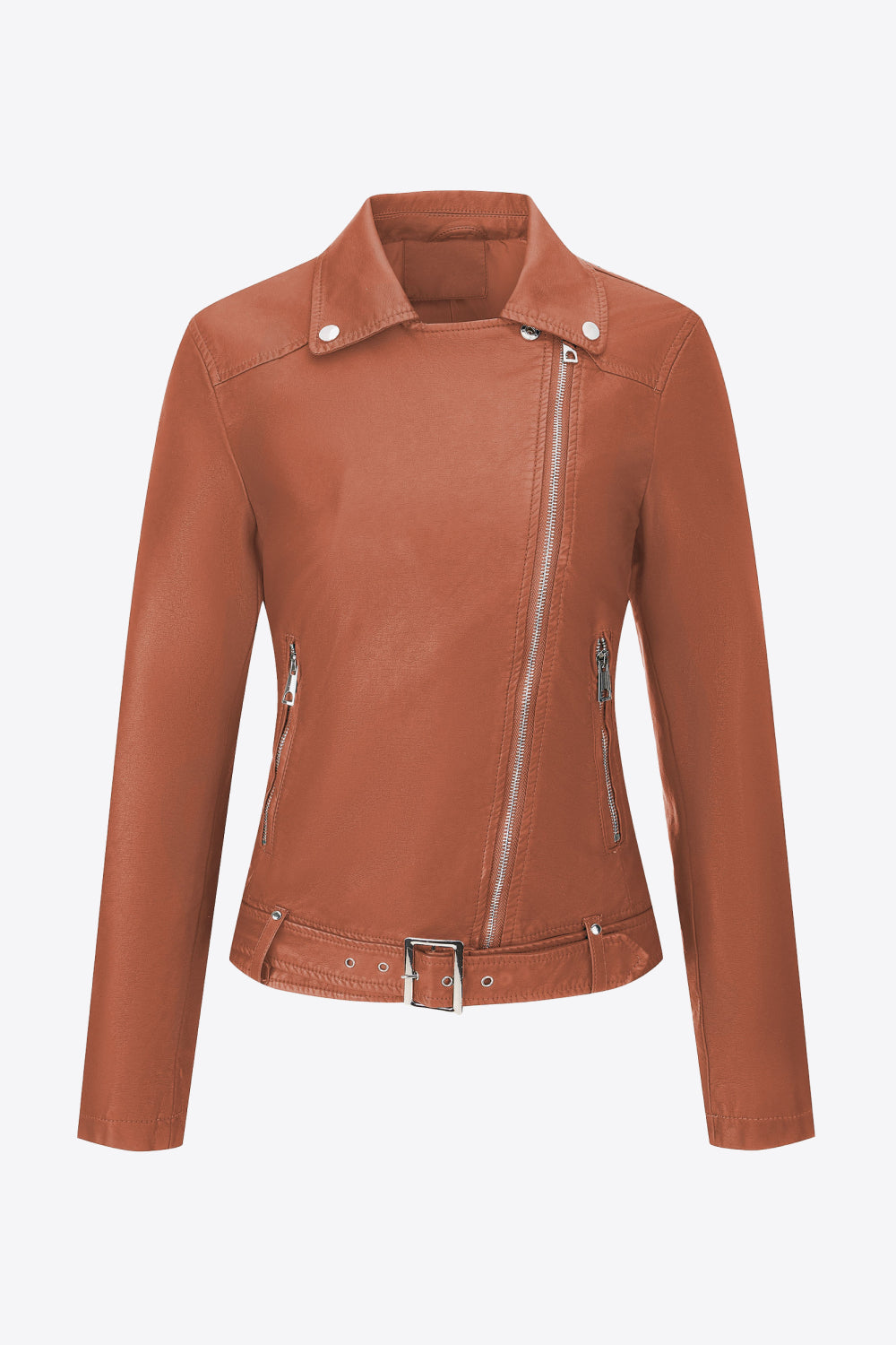 Buckle Detail Zip Up PU Leather Jacket