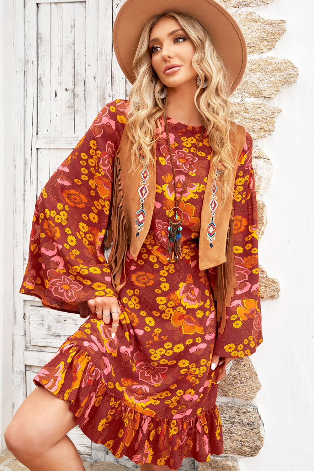 Floral Ruffle Hem Bell Sleeve Dress
