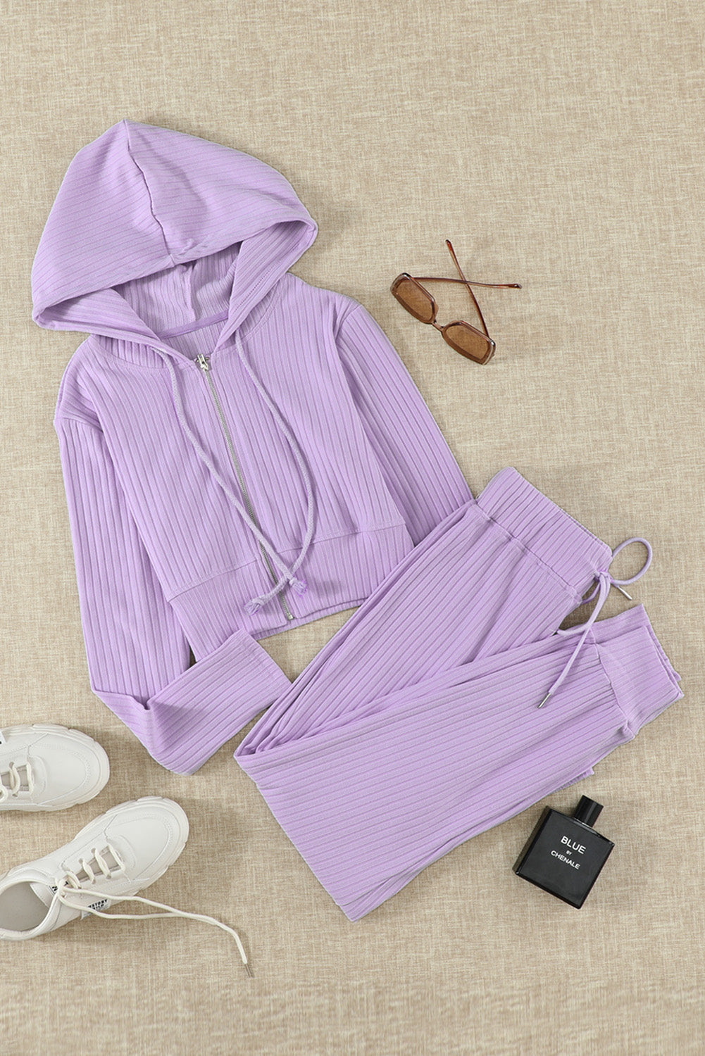 Zip-Up Ribbed Hoodie and Joggers Lounge Set