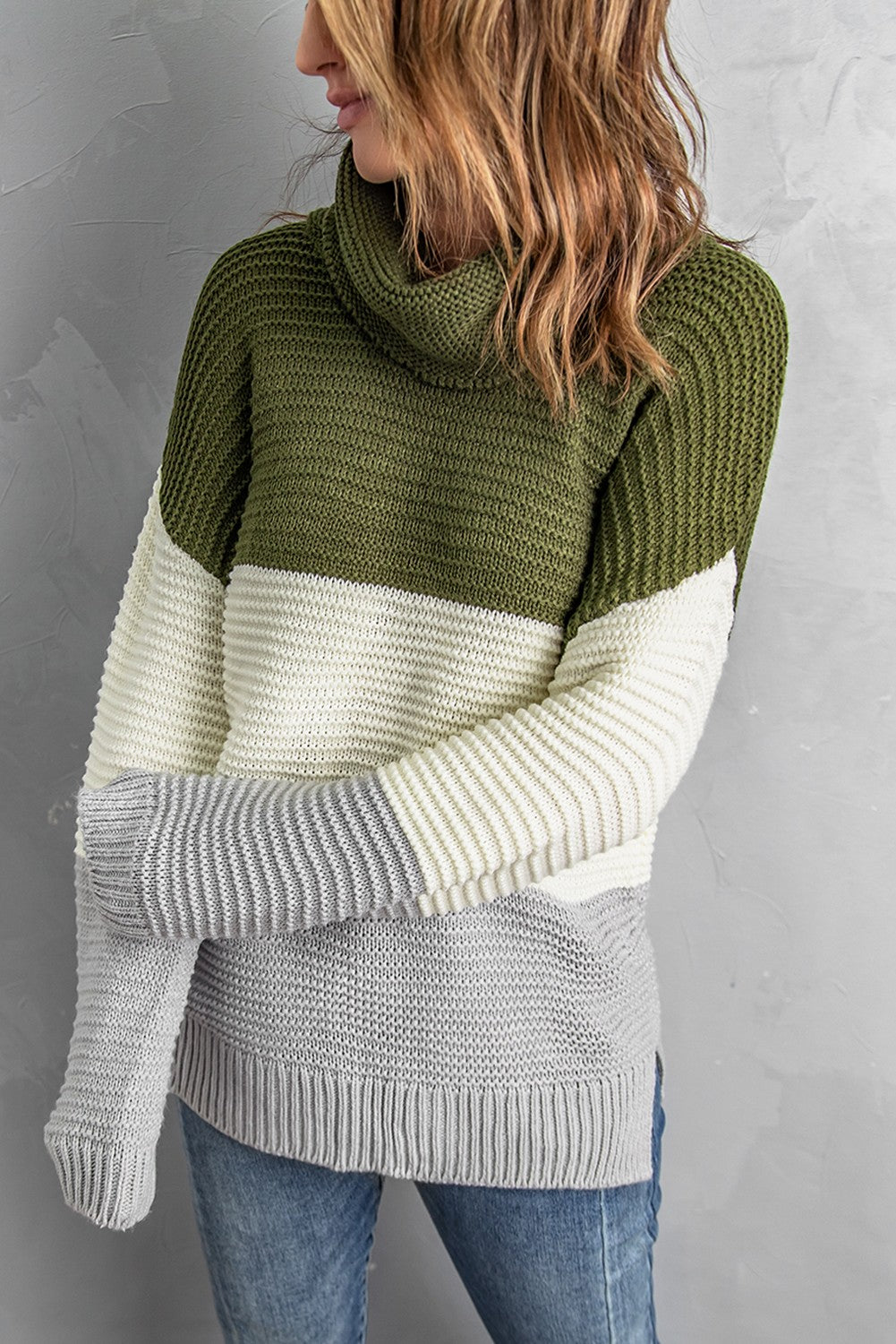 Color Block Side Slit Turtleneck Pullover Sweater