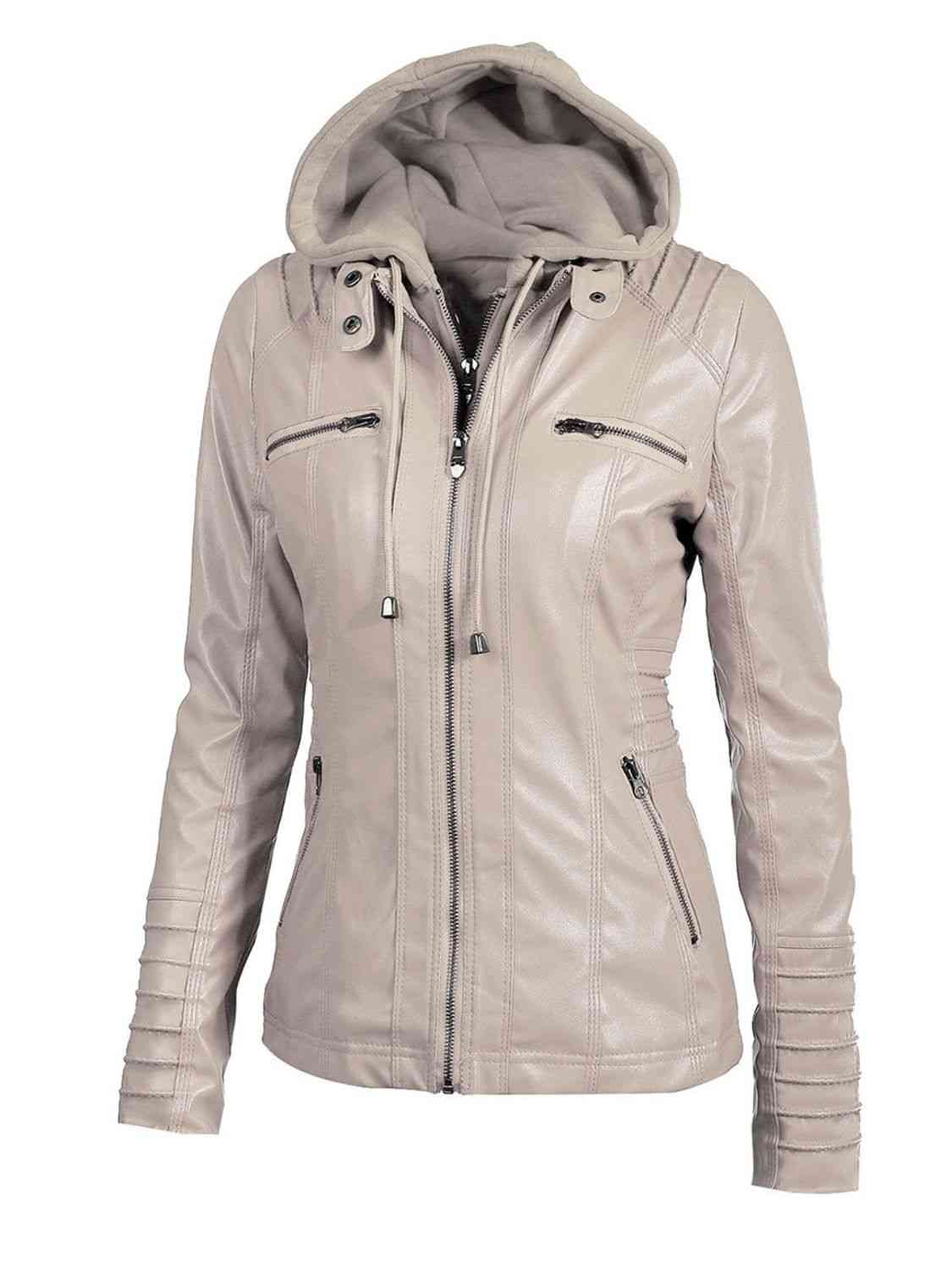 Full Size Zip-Up Hooded PU Jacket